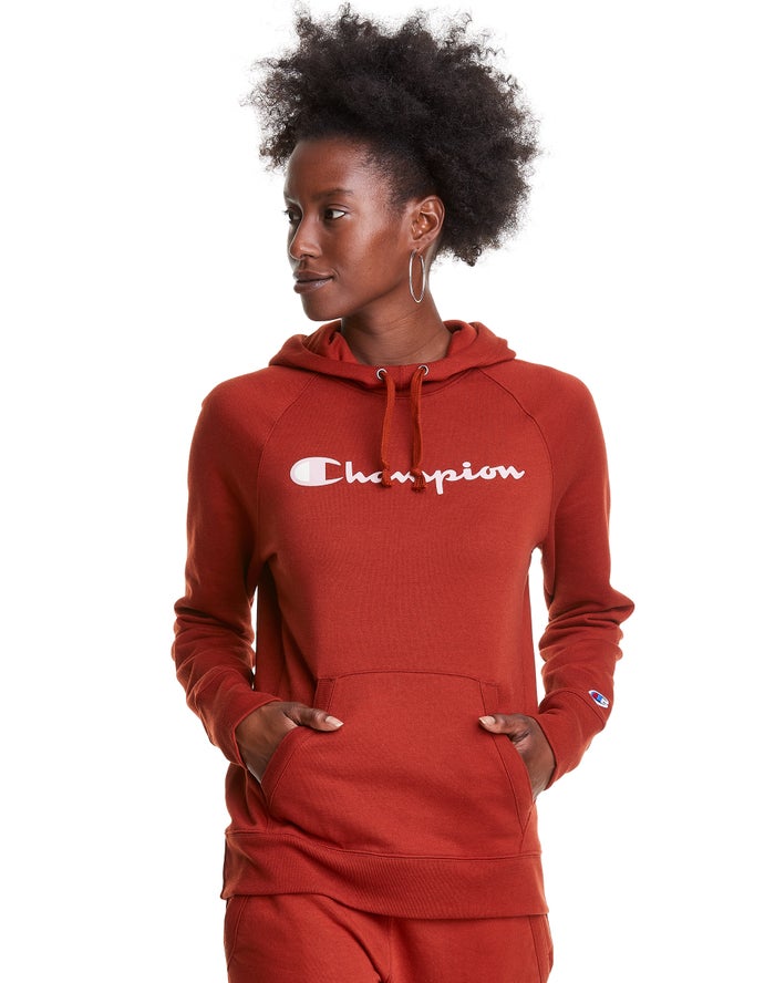 Champion Dame Hættetrøje Brune - Powerblend Fleece Script Logo - Danmark QOI-479265